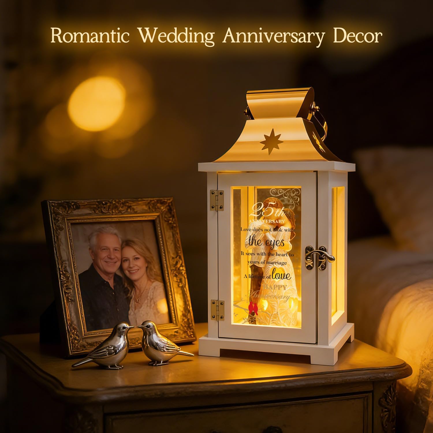 25th Anniversary Wedding Gifts for Couple, Wife, Parents - 25th Wedding Anniversary Husband and Wife Figurine Lantern, Best Silver 25 Years of Marriage for Wife, Women