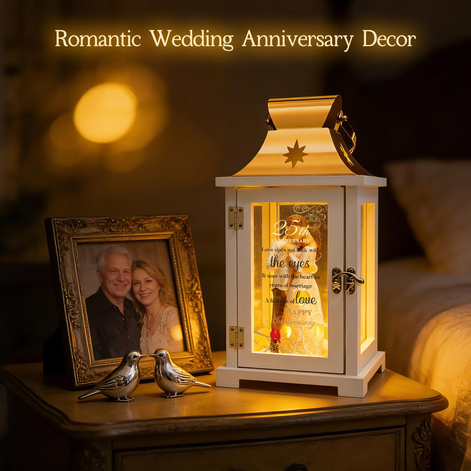 Lanterna 20° Anniversario Di Matrimonio In Legno E Oro Rosa - Regalo Unico Per Coppia, Moglie O Marito Con Candela LED E Timer - Homazing