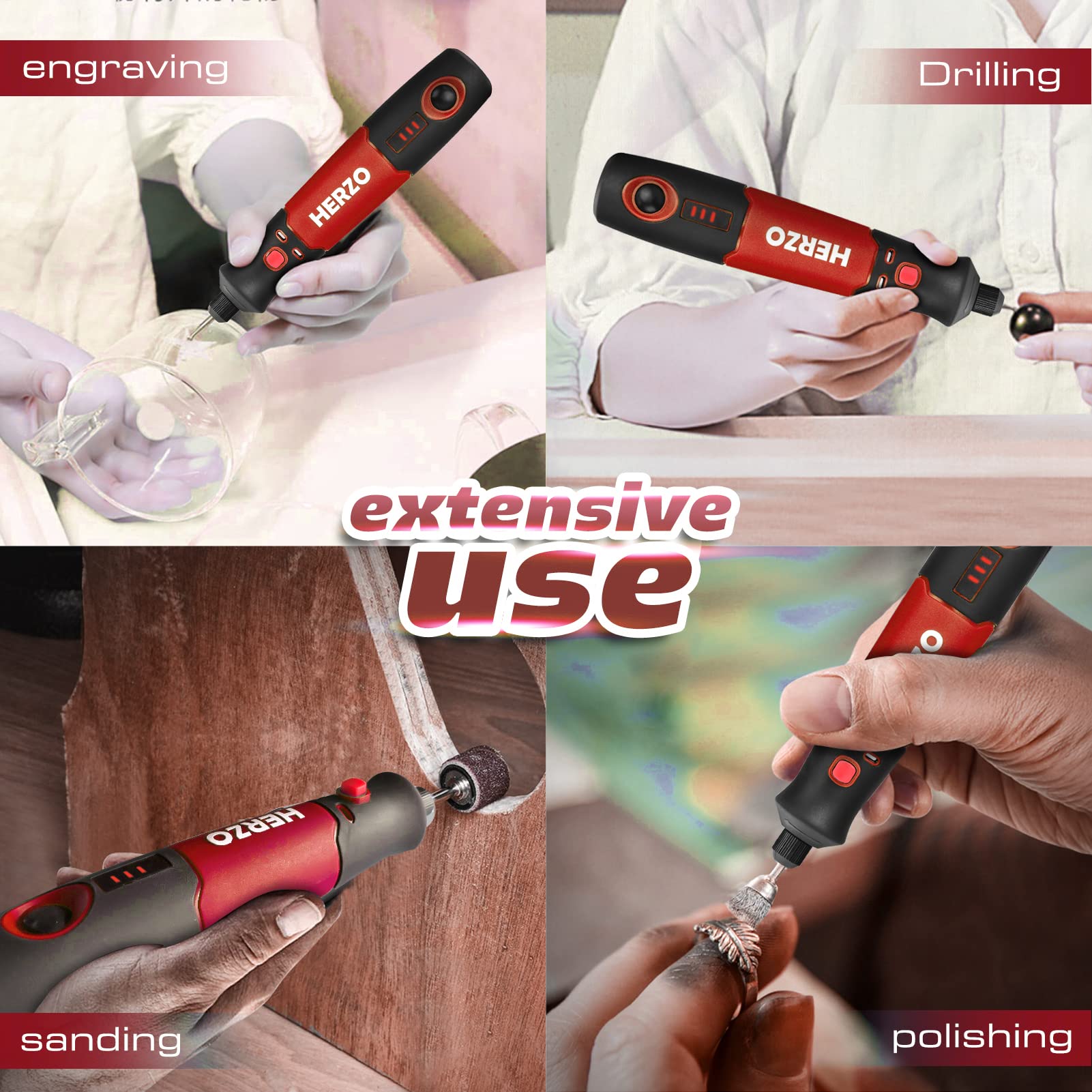 HERZO Strumento Multifunzione Senza Fili, mini trapano elettrico rotativo USB Ricaricabile 32 Accessori 3 Velocità Variabile 5000-15000RPM