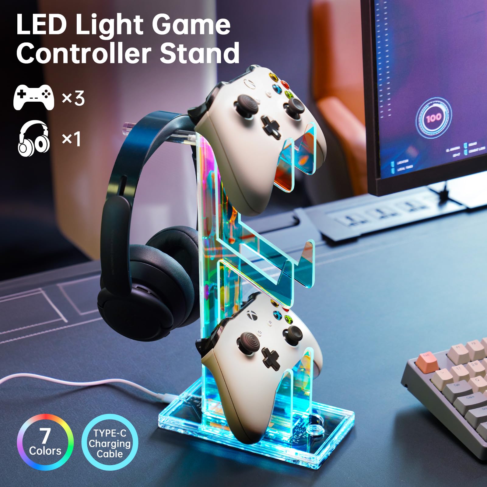 NiHome Iridescent Acrylic Multi-Tier Game Controller & Headset Holder Stand with Customizable LED Lighting, USB-Powered 7 Colors & 3 Modes, Anti-Slip Gaming Desk Organizer & Cable Management (3 Tiers)