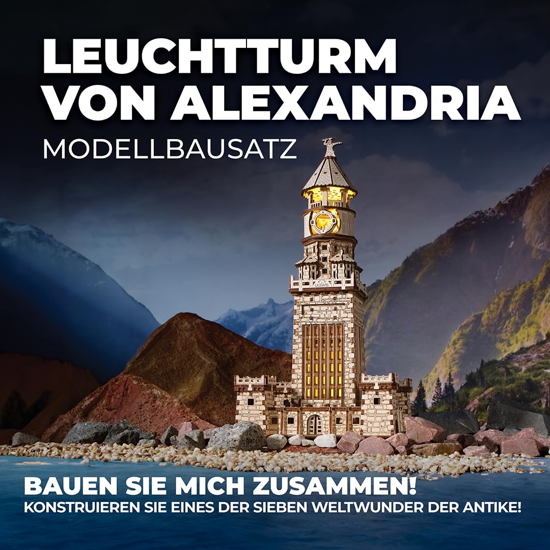 UGEARS Leuchtturm von Alexandria 3D Puzzle - DIY-Bausätze für Erwachsene 3D Holzpuzzles für Erwachsene mit LED-Nachtlicht - Modellbausätze Bastelsets aus Holz 340 Teile