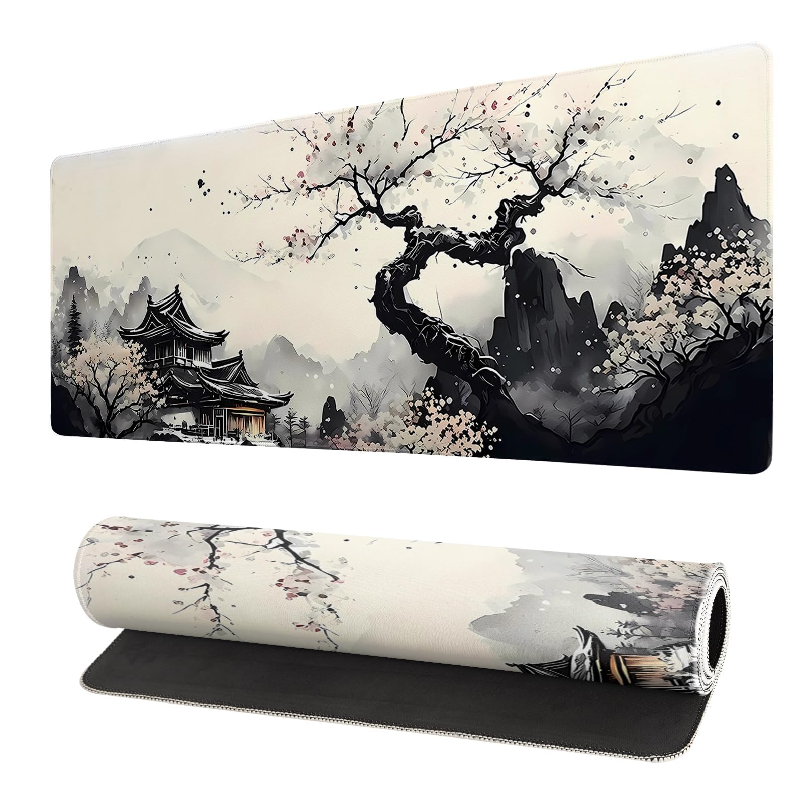 Tappetino Mouse Gaming 900x400 mm, Grande Mouse Pad XXL Confortevole, Lavabile, Antiscivolo Tappetino Scrivania Supporto per Computer, PC e Laptop -Ciliegia rosa (Ciliegia grigia)