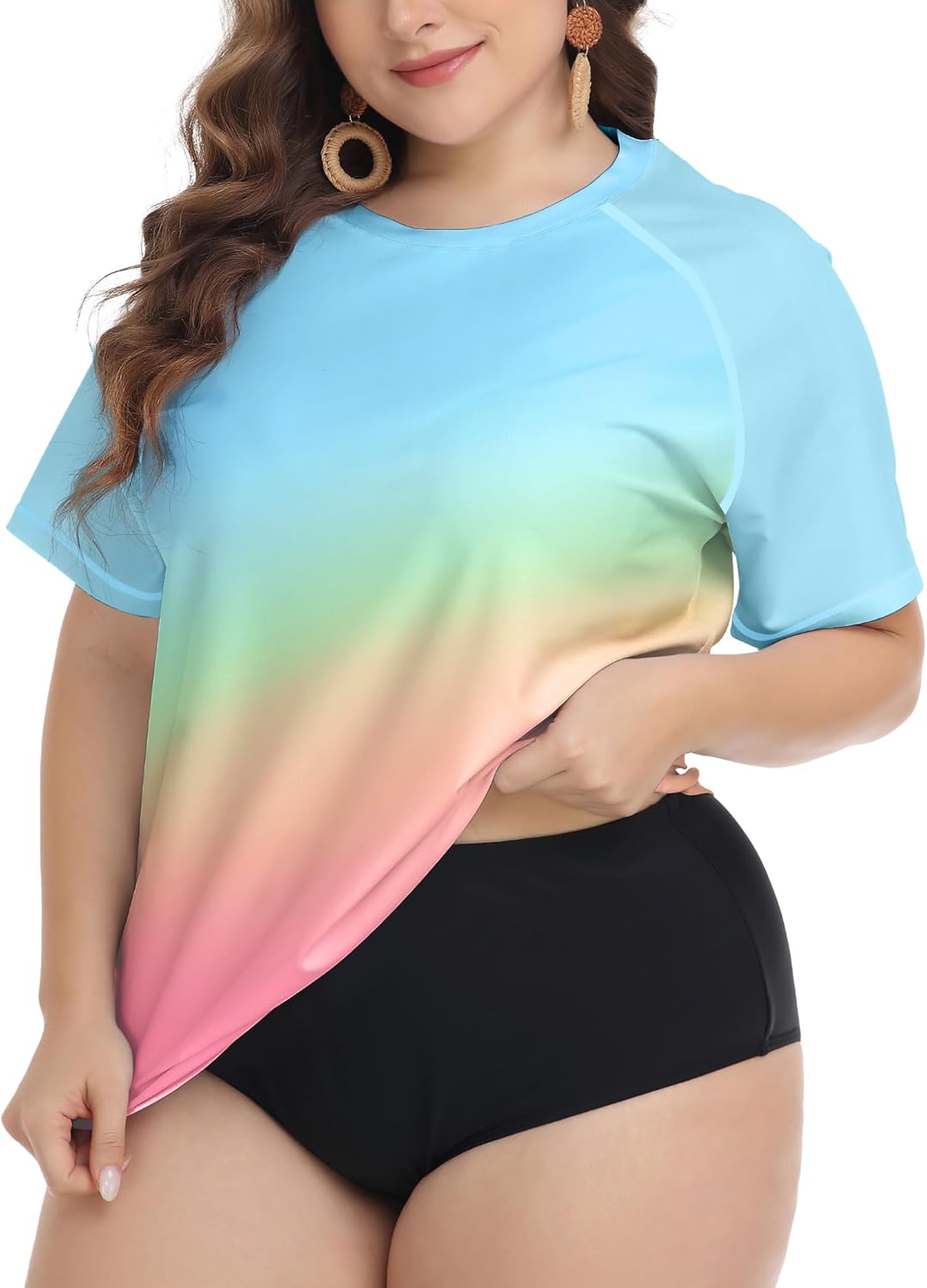 FOREYOND Plus Size Rash Guard Shirts for Women Short Sleeve UPF 50+ Sun Protection Swimwear Swim Suits Top