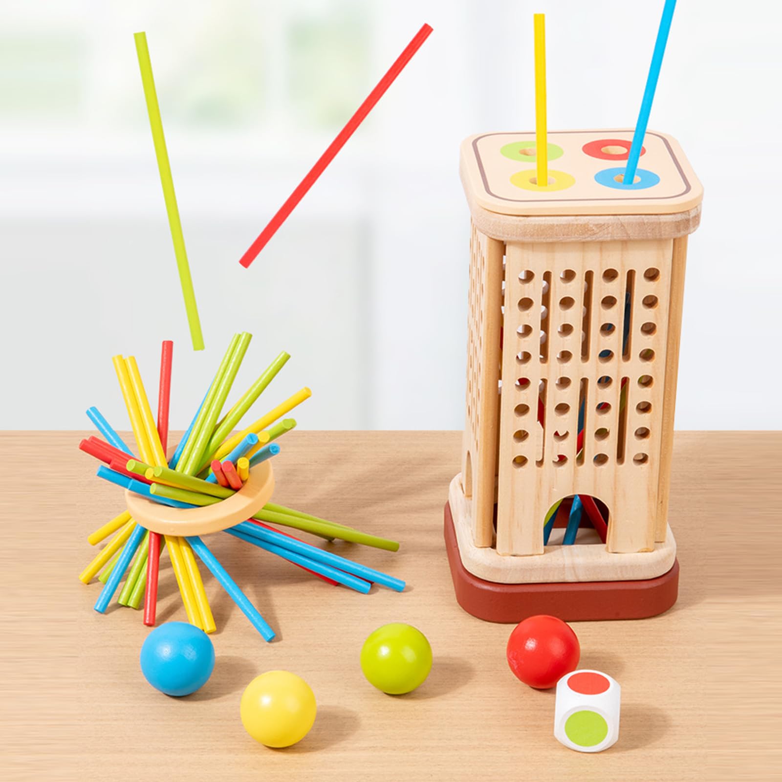 Giochi Montessori per Bambini 3-6 Anni – Gioco da Tavolo in Legno con 32 Bastoncini Colorati, Palla, Dado, Anello e Box – Gioco Educativo di Abilità Motoria, Family Game e Regalo