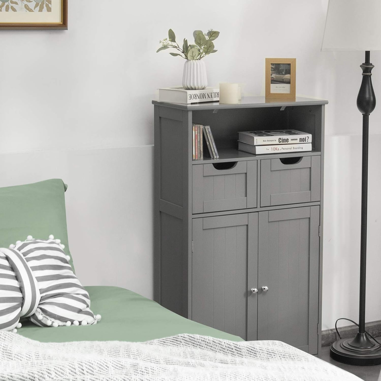 Tangkula Bathroom Floor Cabinet, Storage Cabinet w/Open Shelf, 2 Doors & 2 Adjustable Drawers, Standing Cupboard for Kitchen, Bathroom Cabinet for Living Room Home Office (Grey)