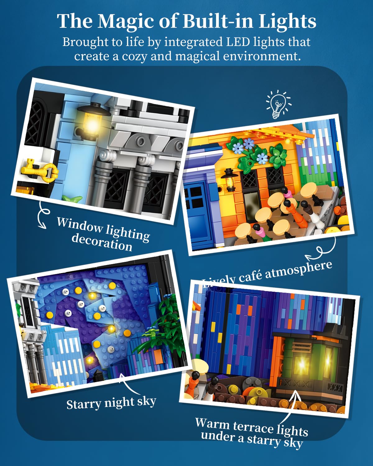 Set de Construction Café Terrace at Night pour Adultes, Tableau Mural 3D Encadré, Kit de Construction Artistique pour Décoration Maison et Bureau, Compatible avec Lego Art, 2678 Pièces