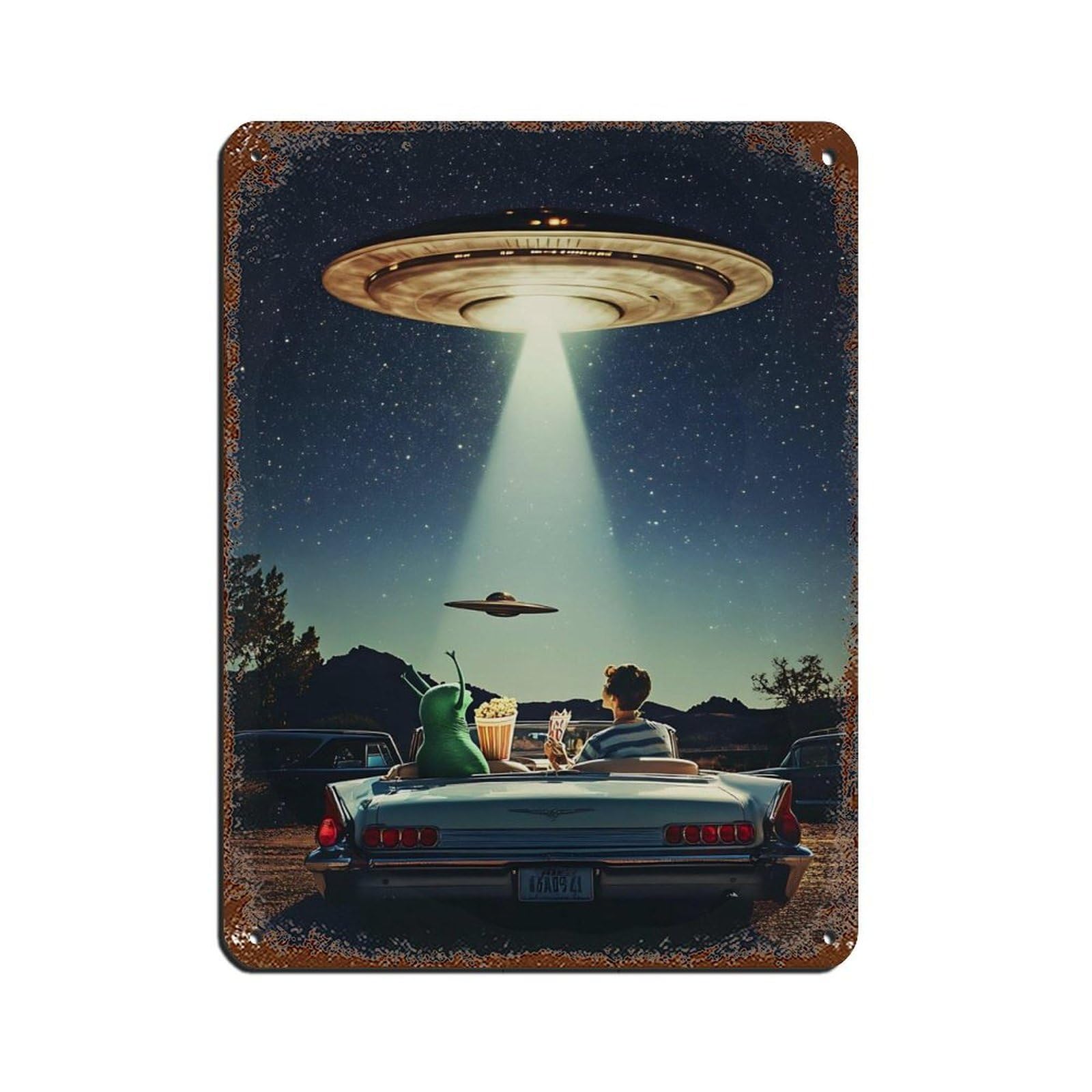 UFO Alien And Human in Classic Car Retro Poster Metal Tin Sign Chic Art Retro Iron Painting Bar People Cave Cafe Family Garage Poster Wall Decoration 12x16inch(30x40cm)