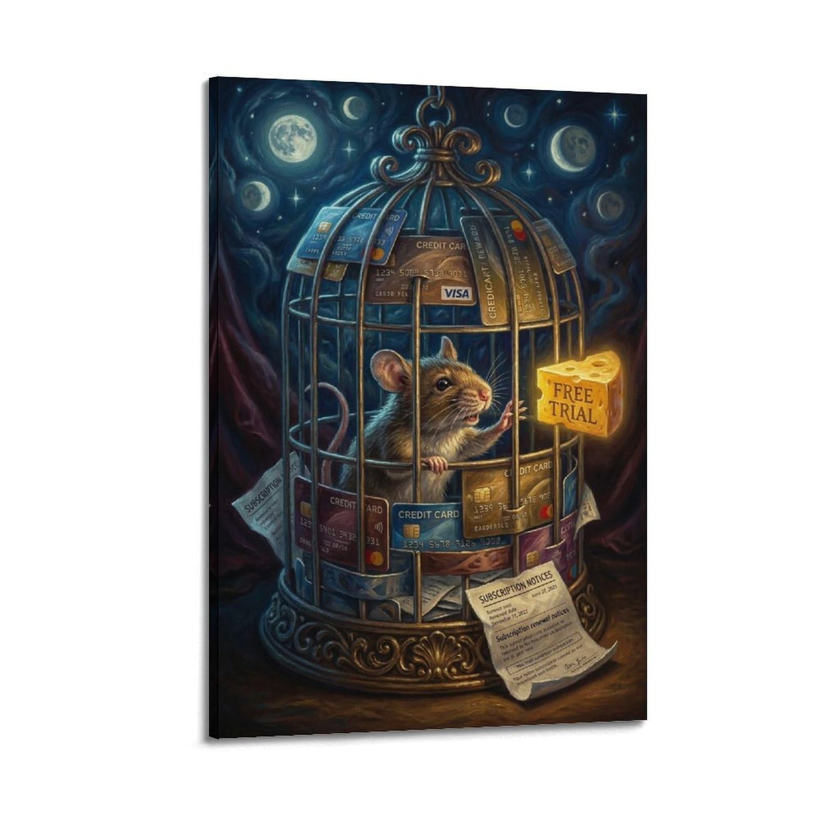 XKUGA Surreal Vintage Animal Poster Hamster Subscription Trap Cage Modern Decorative Canvas Prints - Ideal Wall Art for Family, Man Cave, Game Room, Boys & Girls Bedroom 24x36inch(60x90cm)