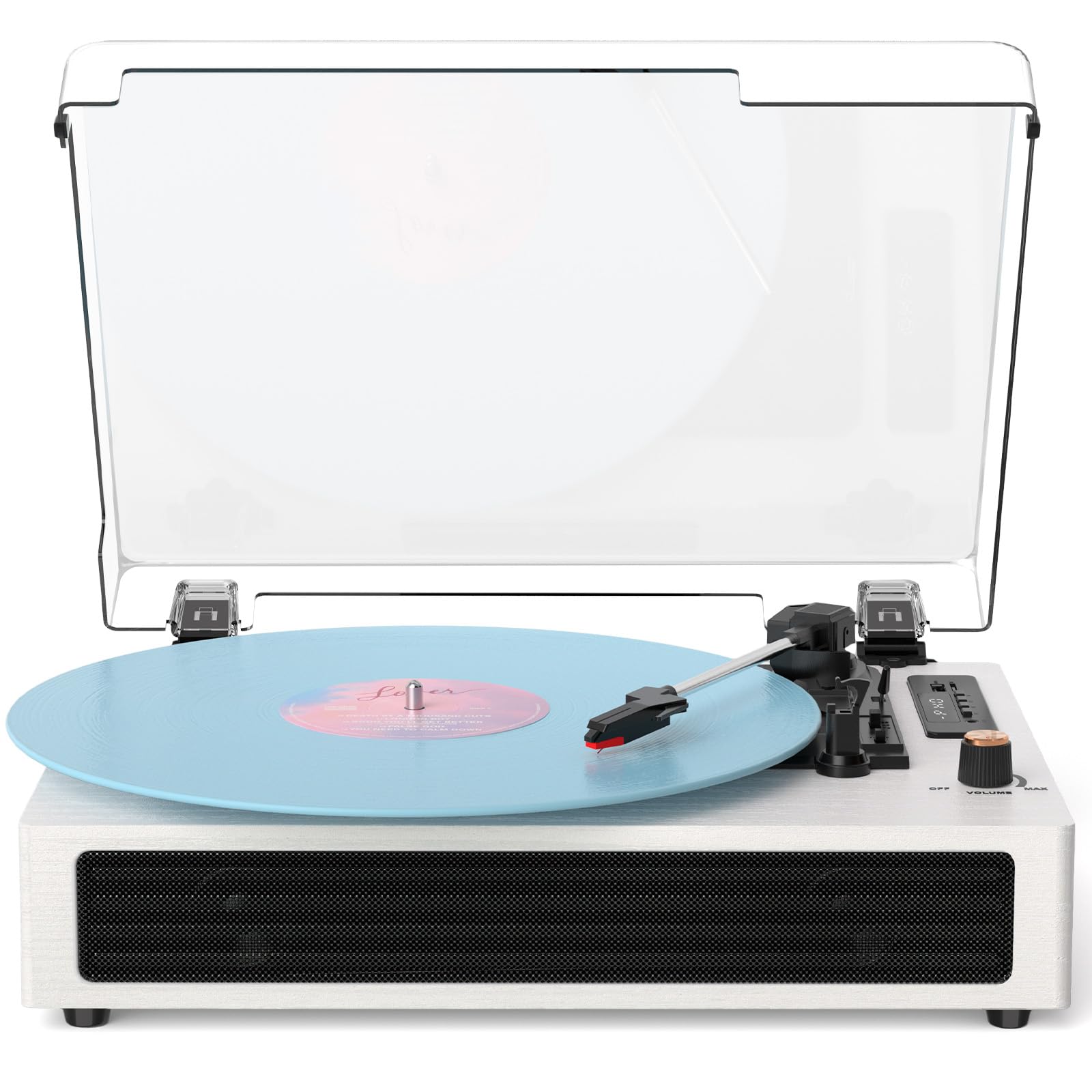 Gramofon Bluetooth, 3-biegowy, retro, winylowy, z wbudowanymi głośnikami, wejście AUX, automatyczne zatrzymanie, nagrywanie USB, napęd pasowy, biały