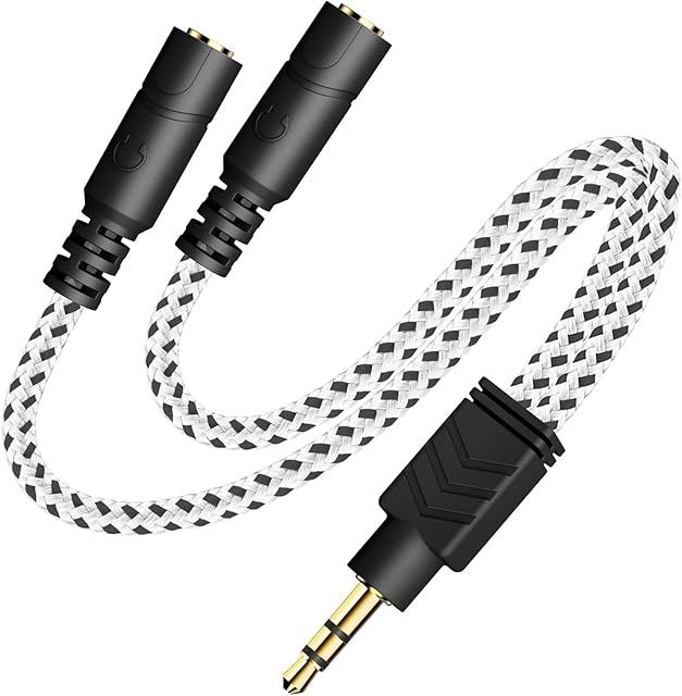 DUKABEL Headphone Splitter, Knitted 3.5mm Audio Splitter TRS 3-Pole Aux Splitter Cable for Headphones Earphones Speakers -Zebra White
