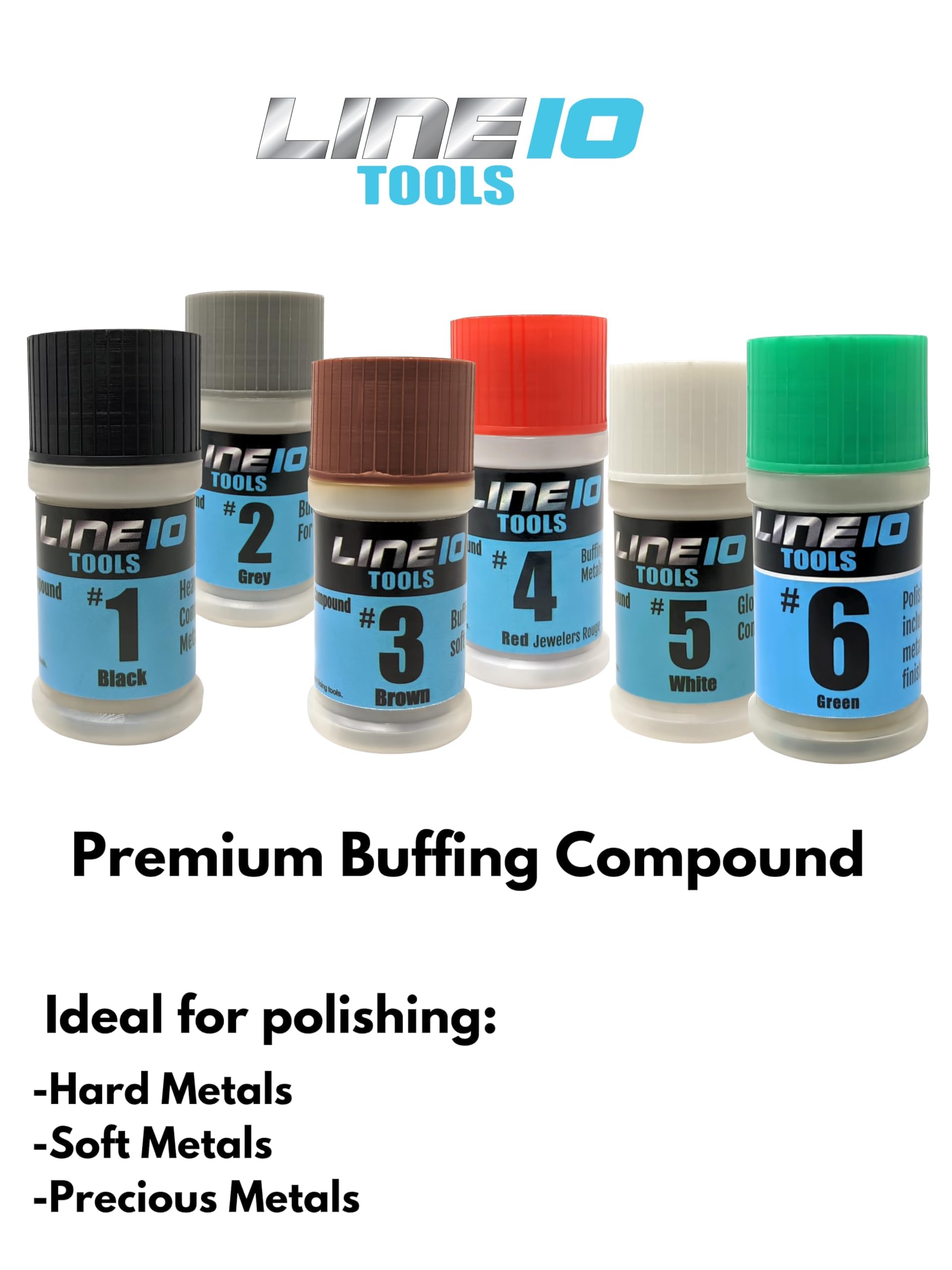 LINE10 Tools Kit di lucidatura per metallo, 6 composti lucidanti, tamponi per trapano, ruote per lucidatura con gambo da 1/4" per trapano, riviste in alluminio, acciaio inossidabile, ottone cromato