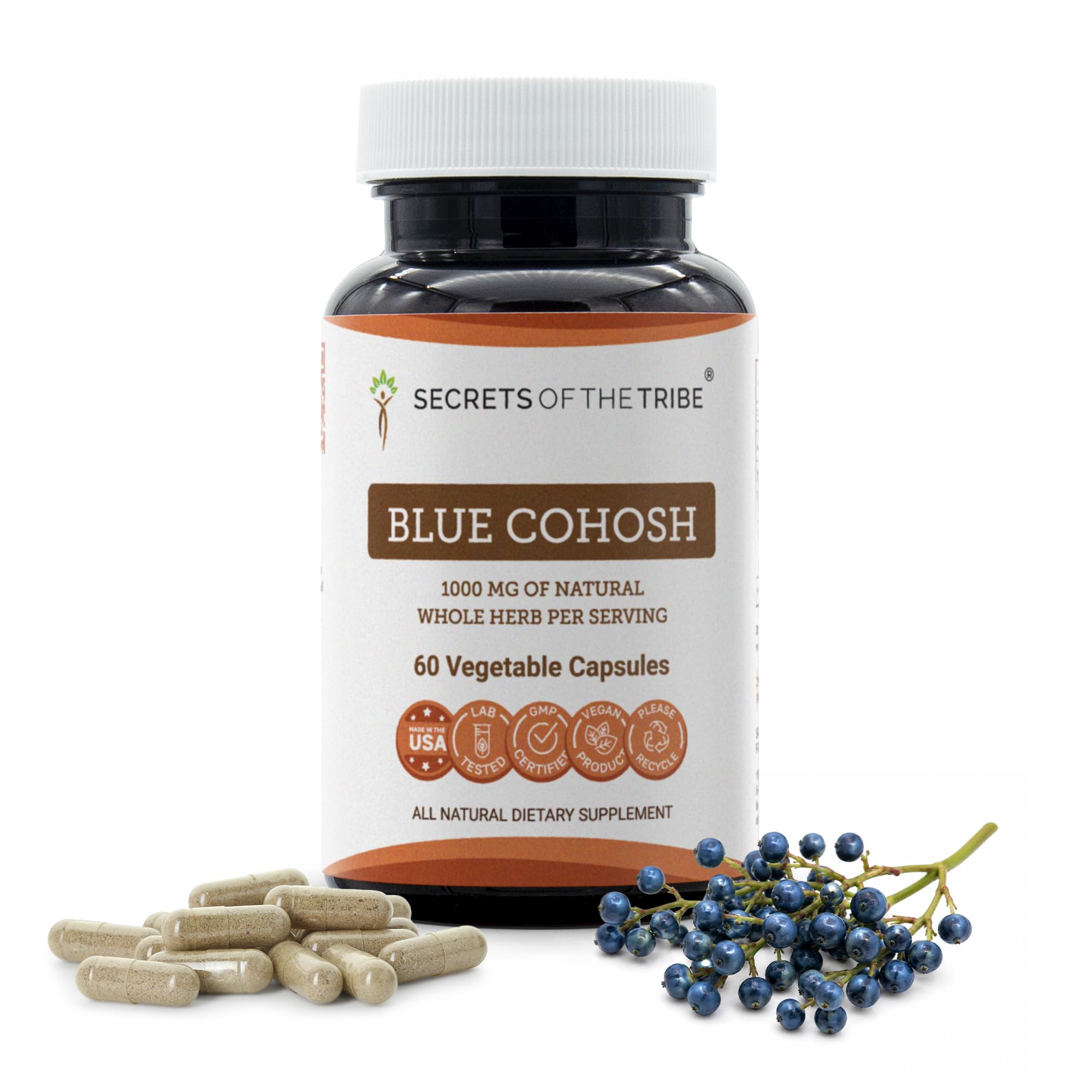 Secrets of the Tribe Suplemento fitoterápico de cimicifuga azul (Caulophyllum thalictroides), 1.000 mg por porção, 60 cápsulas