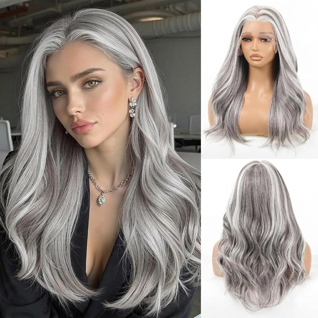 Allbell Grey Mixed White Synthetic Lace Front Wigs for Women, 13 * 6 Long Curly Hair Wig With Natural Glueless Hairline 22 Inch for Daily