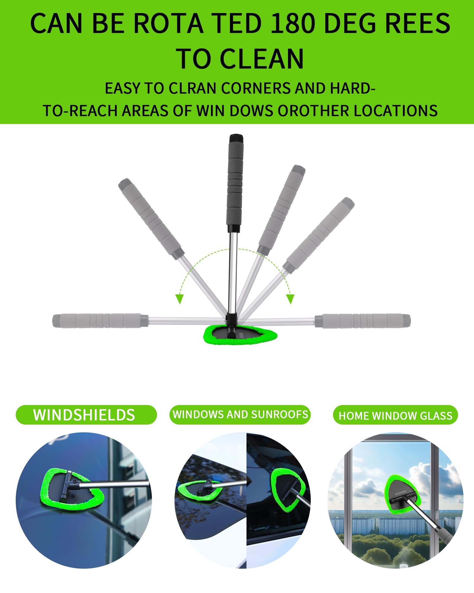 Auto Window Cleaning Tool, Retractable Windshield Cleaner Wand, Car Window Glass Cleaning, Double Sided car Window Cleaner, Microfiber Mirror Cleaning Tool kit. Car Interior Cleaning. (Green)