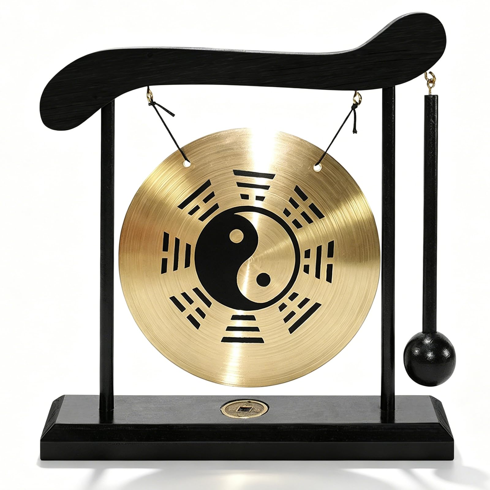 Mini Kupfer Gong mit Schlägel, Yin Yang Fengshui Deko Tischgong mit Holzsockel, Japanische Deko mit Taiji-Symbol und Klatschtafel für Zen Tischdekoration, Einzugsgeschenk (Bagua-Diagramm)