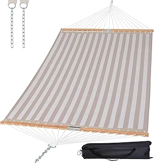 Hammocks 14 FT Quick Dry Hammock Double Size with Spreader Bar, 2 Person Hammock for Outdoor Patio Yard Poolside, 450 lbs Capacity, Light Gray Stripes