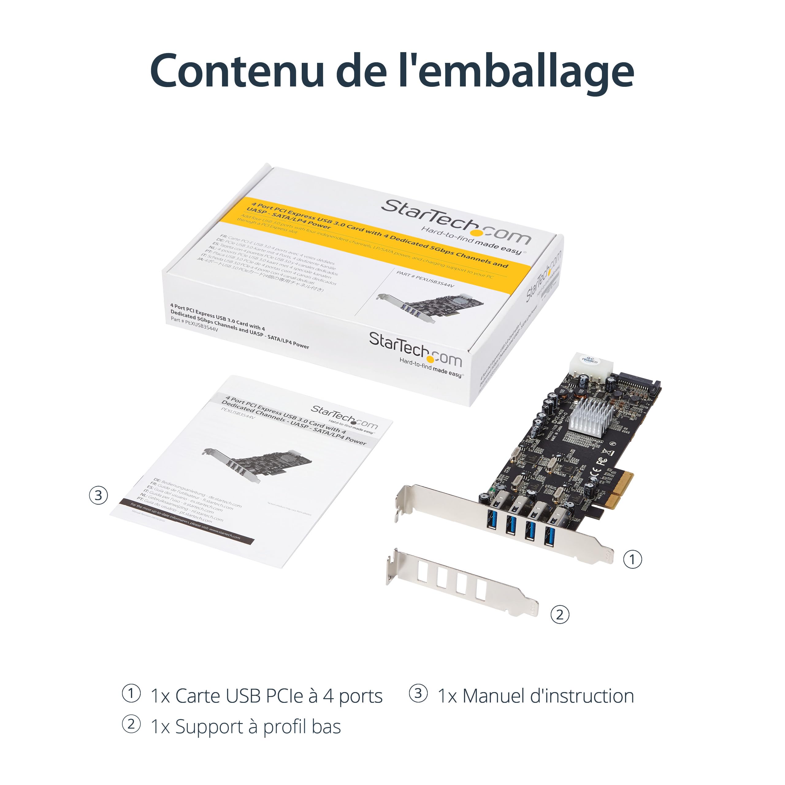 StarTech Carte PCIe 4 Ports USB 3.0, 5Gbps, UASP (PEXUSB3S44V) | Carte d'extension, 4 canaux 5Gbps dédiés, Alimentation SATA / LP4, USB 3.2 Gen 1