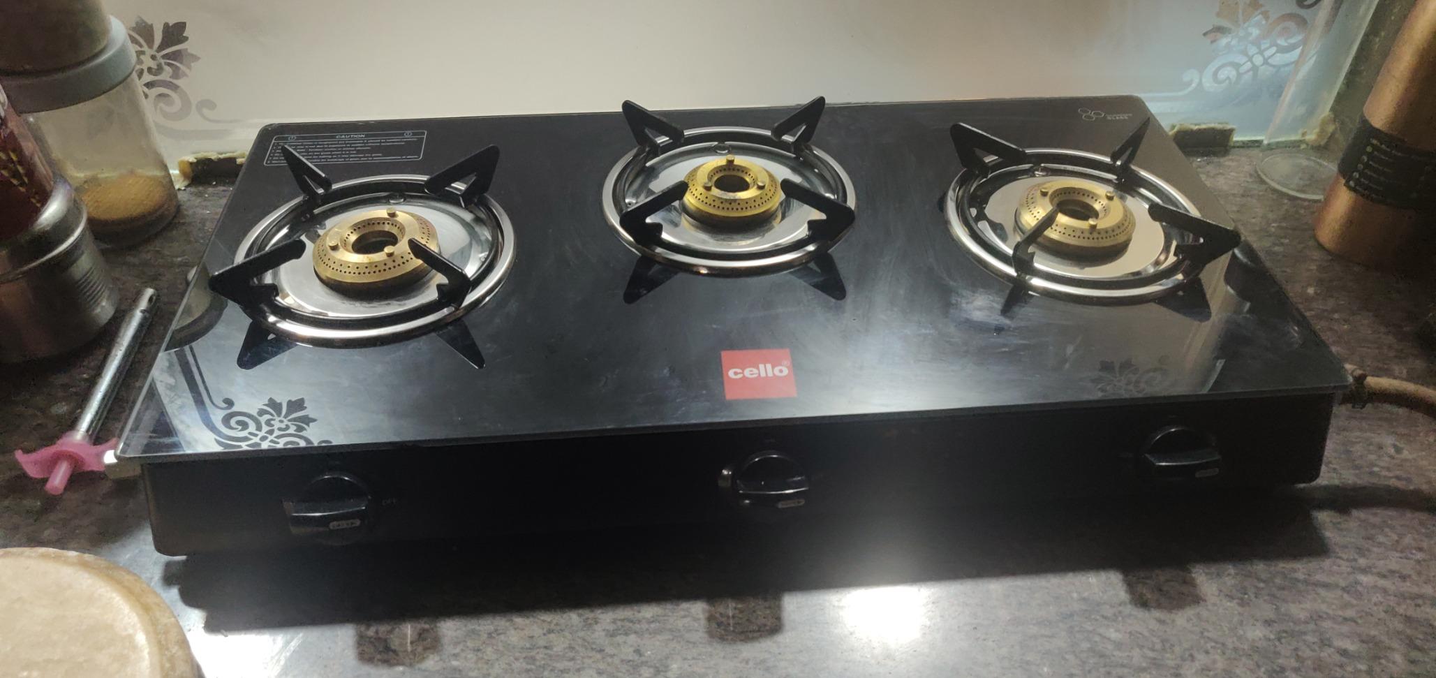 Cello Prima Gas Stove 3 Burner Glass Top, Black, ISI Certified