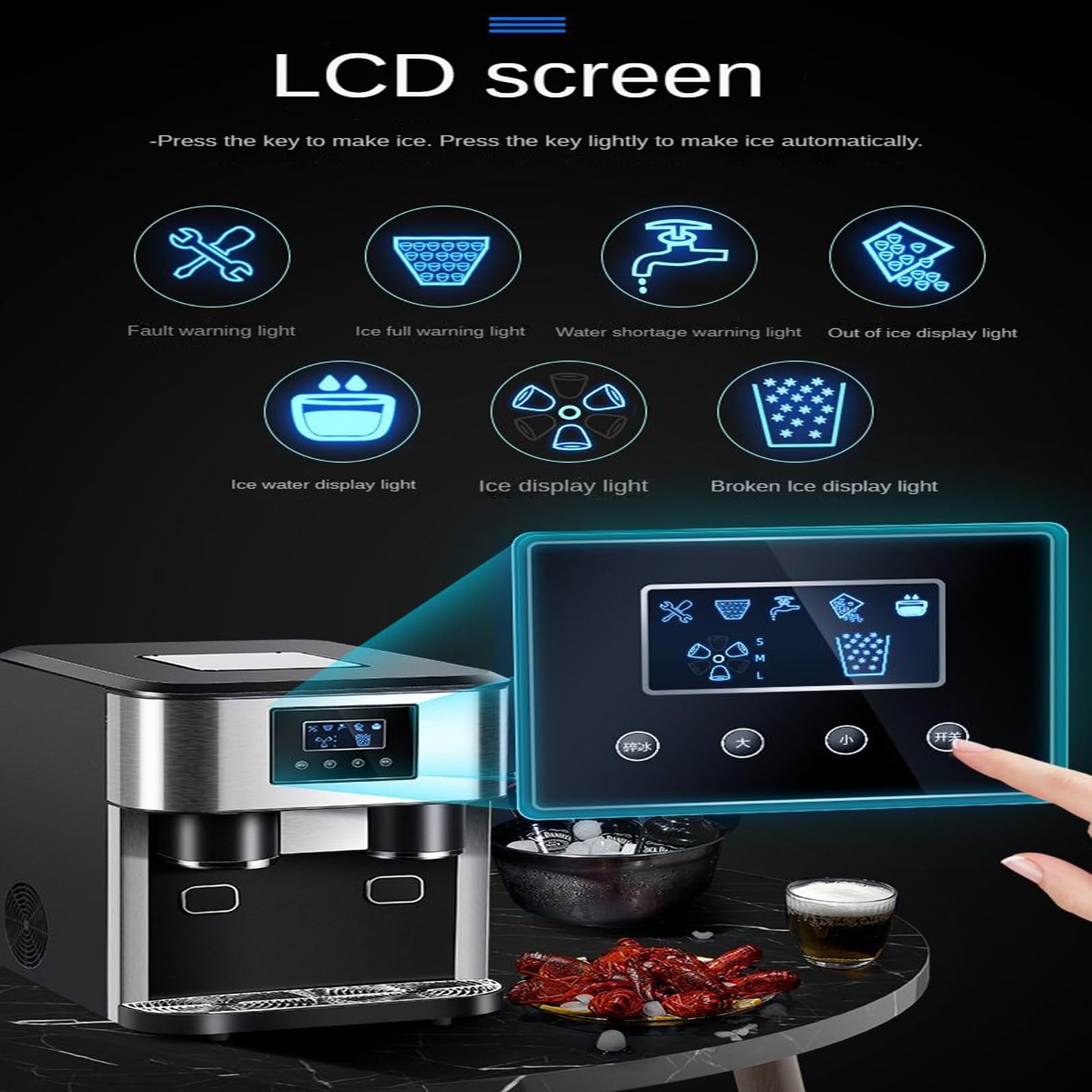 Fabbricatore di Ghiaccio Tutto in Uno, Macchina per Ghiaccio tritato e Acqua Fredda, Scatola Nera in ABS+Acciaio Inossidabile, 2 metodi di Ingresso dell'Acqua, Display LCD