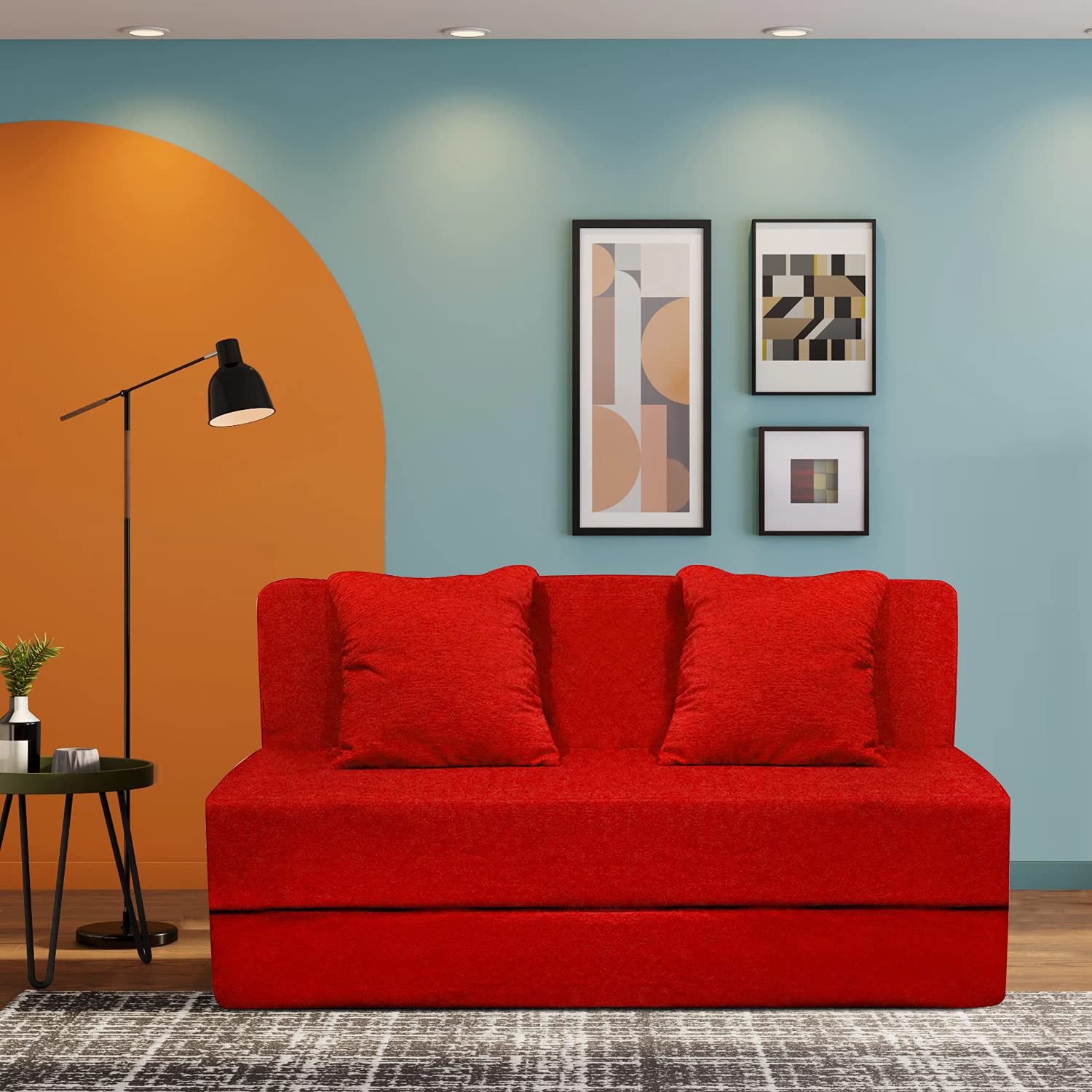 Balaji Trader Single Seater Comfort Folding Sofa Cum Bed with Cushion for Home & Living Room Jute Fabric -Perfect for Guests | Red, 3x6 Feet