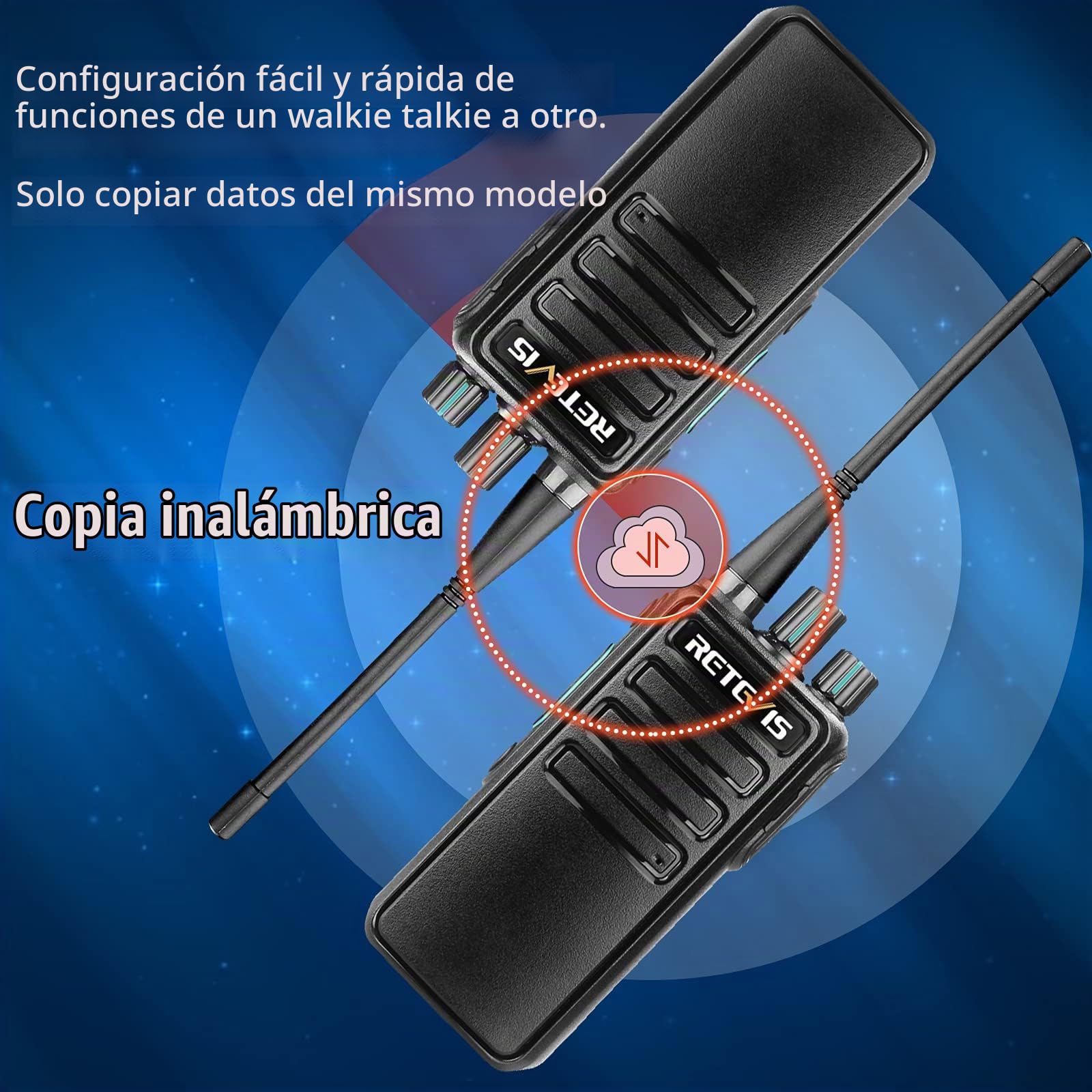 Retevis RB629 Walkie Talkie, PMR446 Walkie Talkie Portátil con Función de Clonación Inalámbrica, VOX, Alarma de Emergencia, Walkie Talkies Largo Alcance con Micrófono para Obras (4 Piezas, Negro)