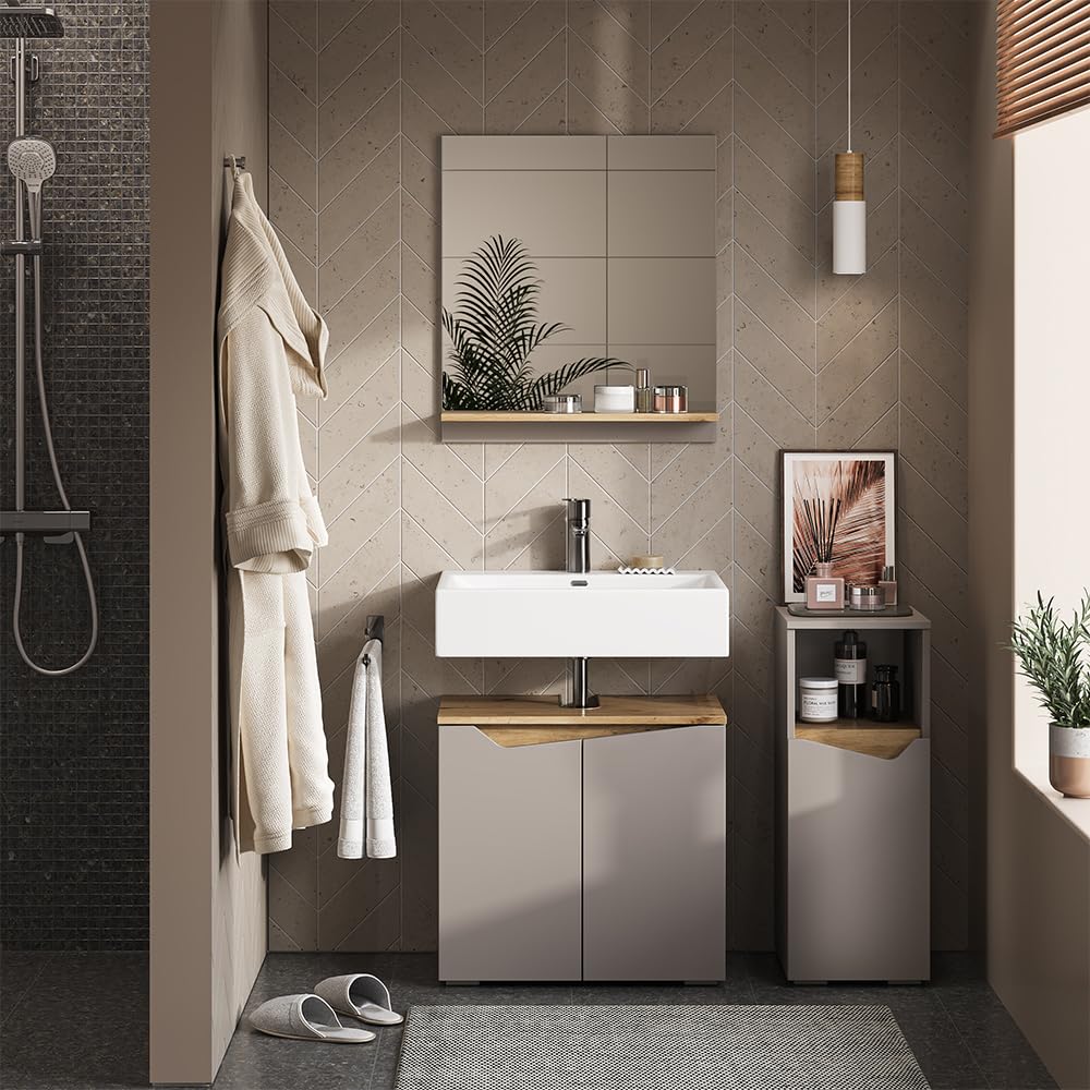 Vicco Midischrank Marelle, Greige, 30 x 74.5 cm mit Tür und offenem Fach, zur Aufbewahrung von Badutensilien und Handtüchern