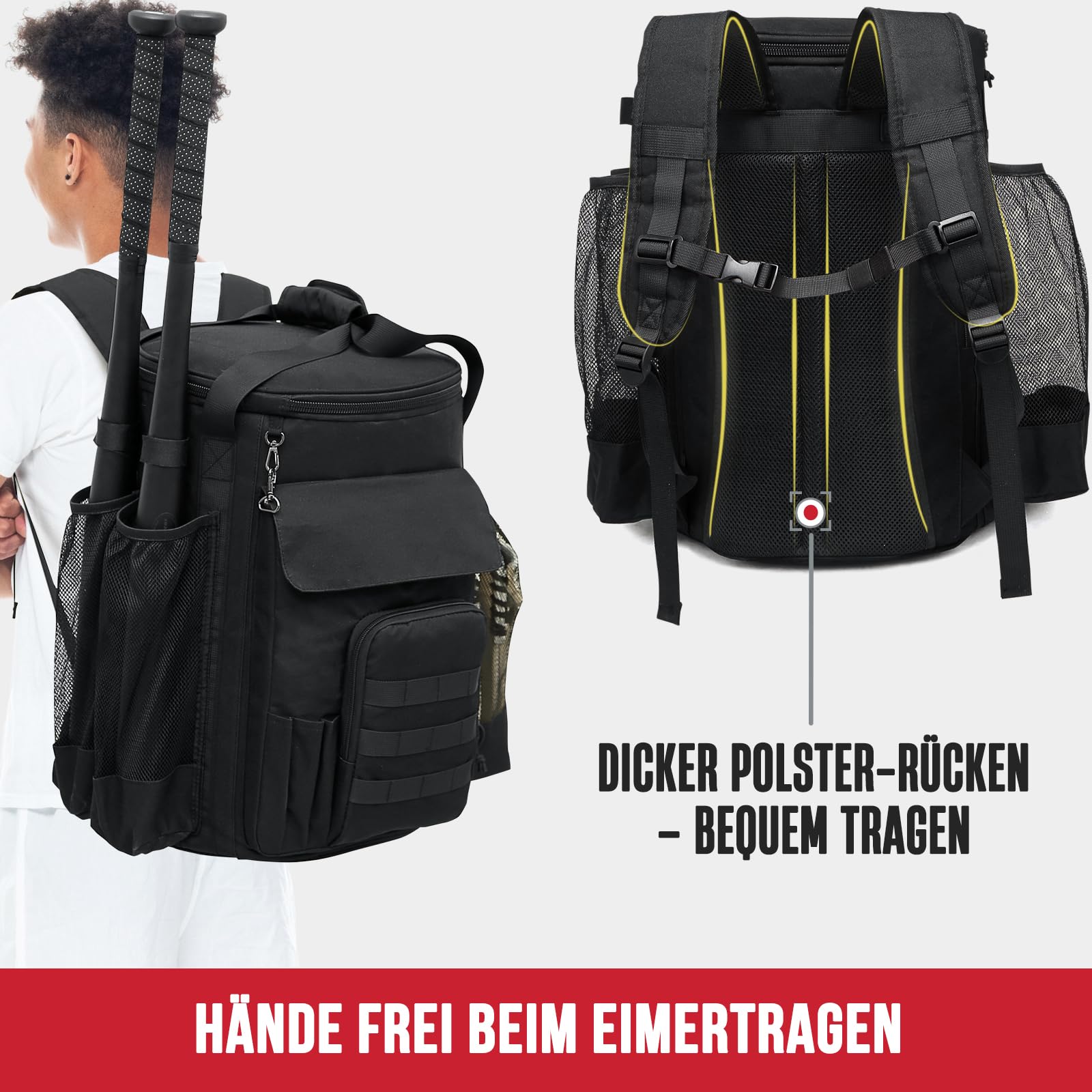 Baseballtasche für 6-Gallonen-Eimer – Baseball-Rucksack für Trainer mit gepolstertem Deckel, großer Organizer für Bälle, Schläger, Handschuhe und Zubehör, Eimer Nicht enthalten