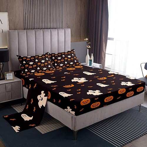 Juego de sábanas de farol de calabaza, tamaño individual, sábanas de Halloween para niños con bolsillo profundo, sábana bajera ajustable para niños,