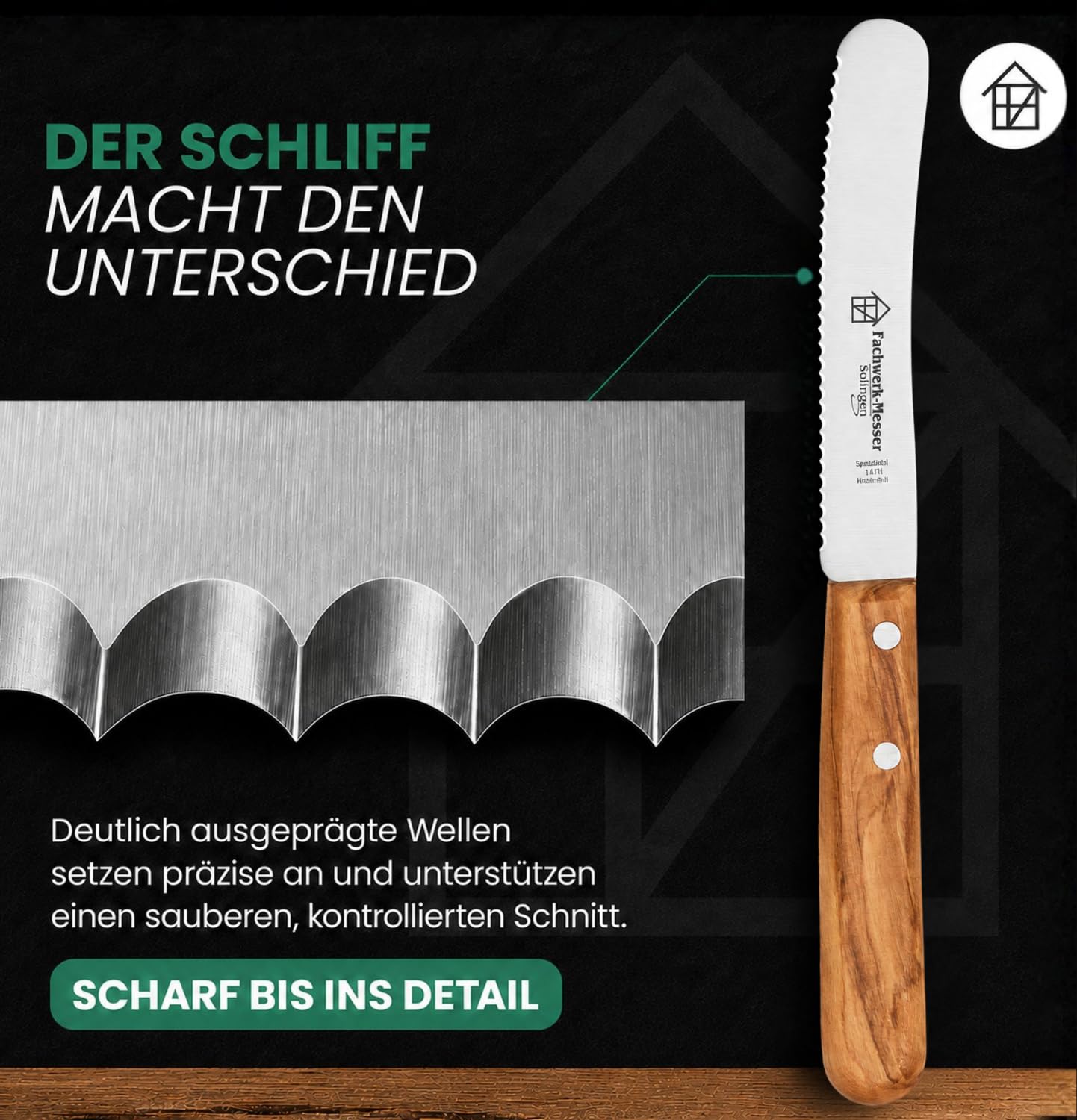 Buckelsmesser 6er-Set mit Wellenschliff - Testsieger - Frühstücksmesser aus Solingen/Germany - Brötchenmesser/Brotzeitmesser Olivenholz