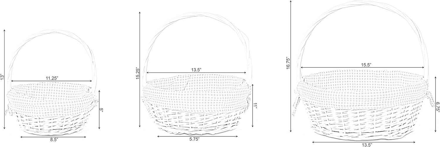 White Round Willow Gift Basket, with Gingham Liner and Handles (Pink, Pink Set of 3)