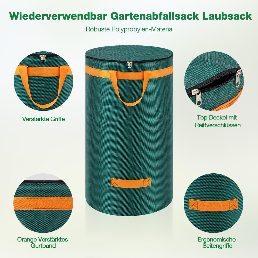 Eurhomewit 3 Gartenabfallsack 120L Laubsack Gartensack mit Deckel und Griffen, Groß Stabile Gartensäcke Laubsammler, Selbststehend Abfallsack Stabil Grünschnittsäcke für Gras Laub Hecke Gartenabfall