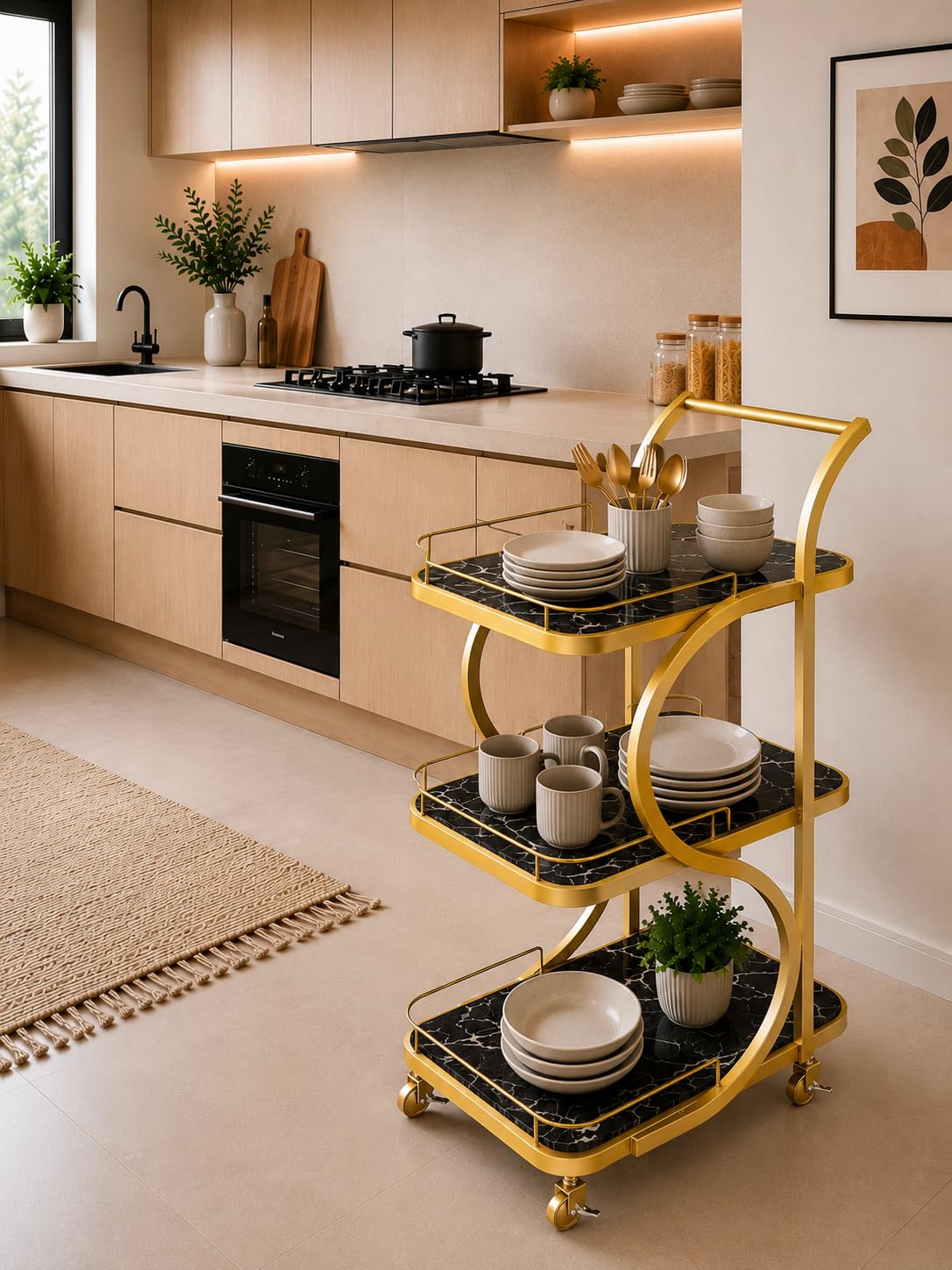 Nestiung Tables for Serving 3 Tier Kitchen Coffee Cart On Wheels,Rolling Trolley Cart for Tea Wine Drink Hotel, Restaurant, Home, Home Bar, Kitchen Cart with Storage (Golden Black)-image-11