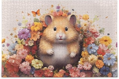 Rompecabezas de madera de 1000 piezas con estampado de flores de hámster, con bolsa de almacenamiento con partición del alfabeto, fácil de resolver