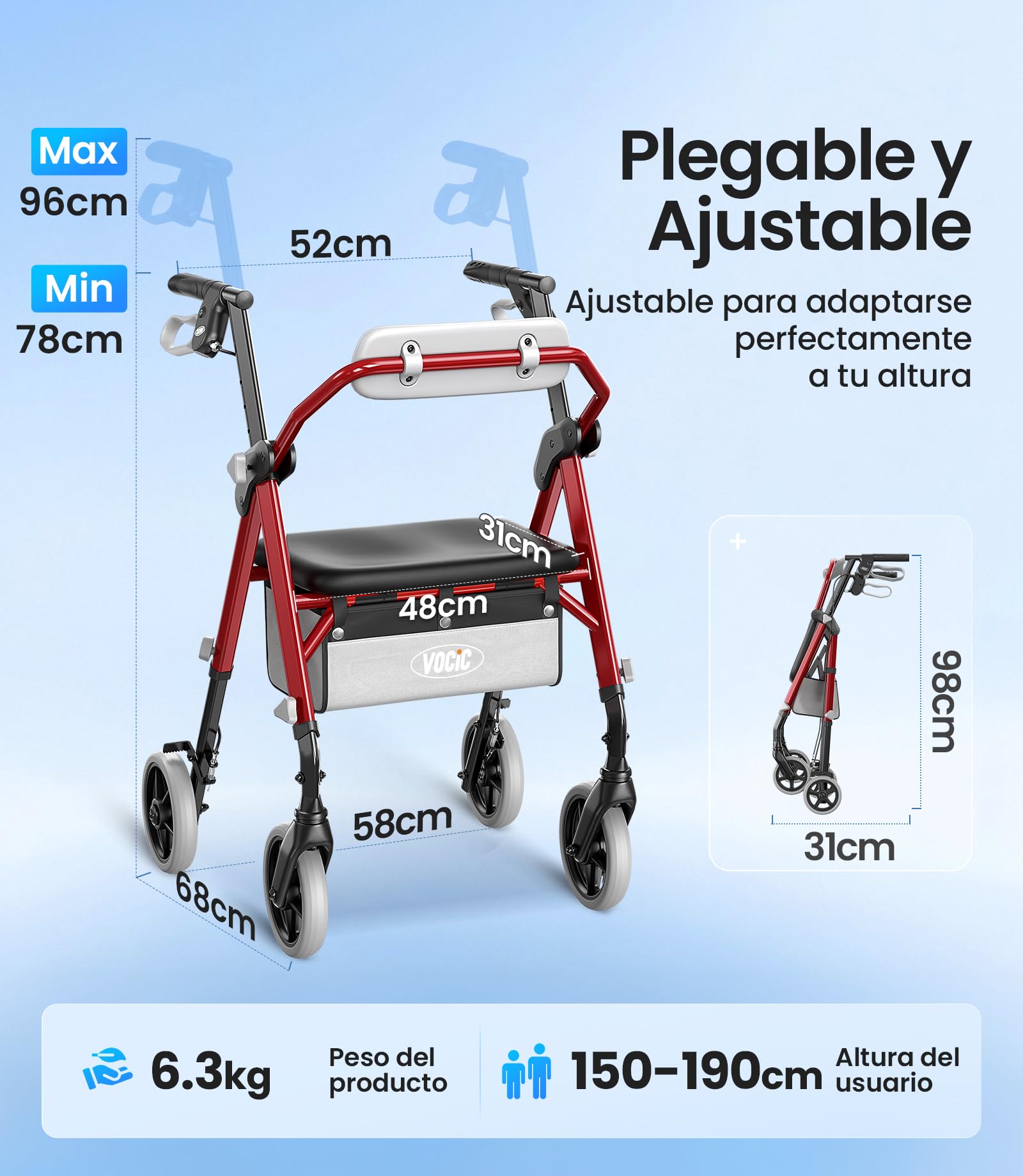 VOCIC Andador plegable ligero con asiento, 6,3kg Ultraligero, Max 150 kg | andador para ancianos con ruedas, asiento ergonómico, altura regulable, Walker estrecho para apartamento & viajes, granate