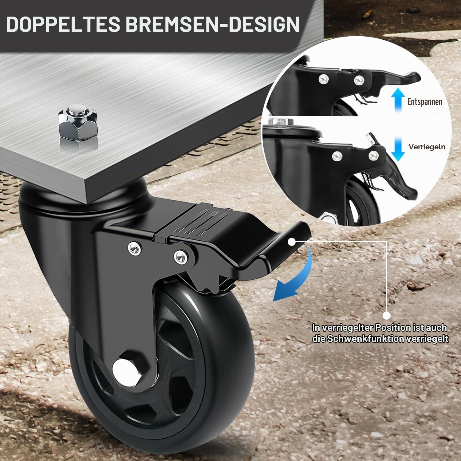 125mm Lenkrollen mit M12 Rückenloch, 4 Möbelrolle mit Bremse bis 650KG