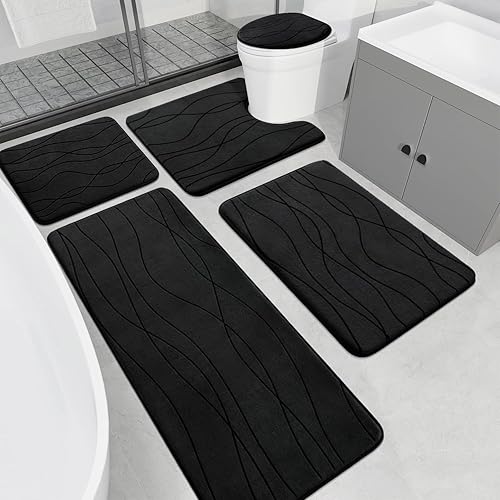 YIHOUSE - Juego de 5 tapetes de baño de espuma viscoelástica en negro, ultraabsorbentes, antideslizantes, lavables a máquina y de secado rápido,