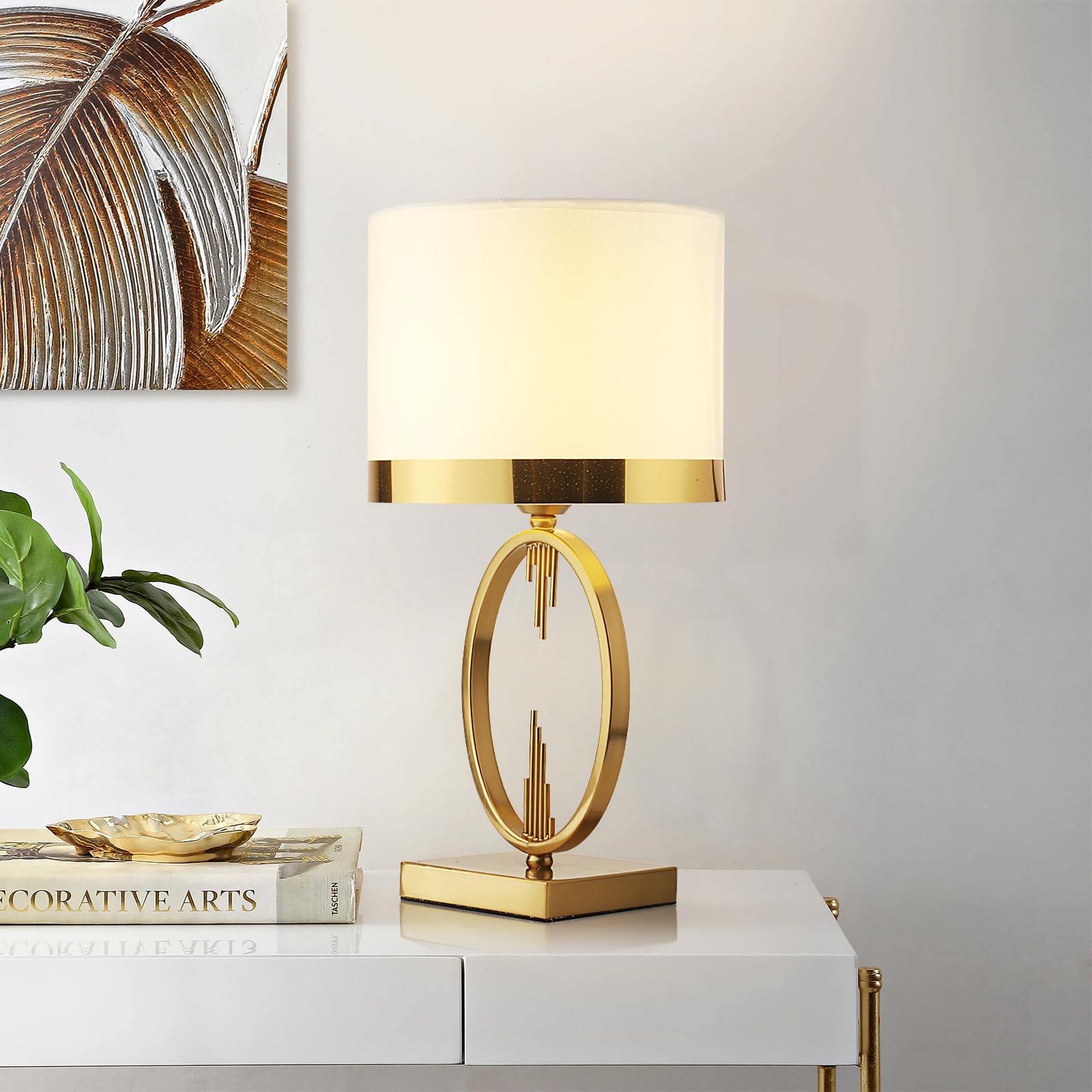 Lampada Da Tavolo Oro, Lampade Da Comodino Di Luce Moderna Per Il Soggiorno,Camera Da Letto Lampada Da Tavolo In Tessuto Bianco Base In Metallo E27 Lampada Da Letto, 49 X 25 Cm