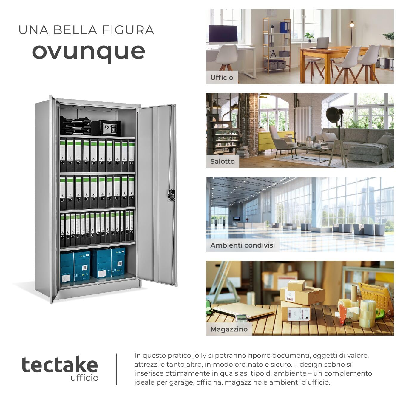 tectake® Armadio Porte Battenti, 180x80x40 cm, con 2 Ante e 5 Ripiani, Mobile con Serratura Chiave, Armadietto Portadocumenti e Faldoni per Ufficio in Metallo, Mobili Ufficio, Archivio - Grigio