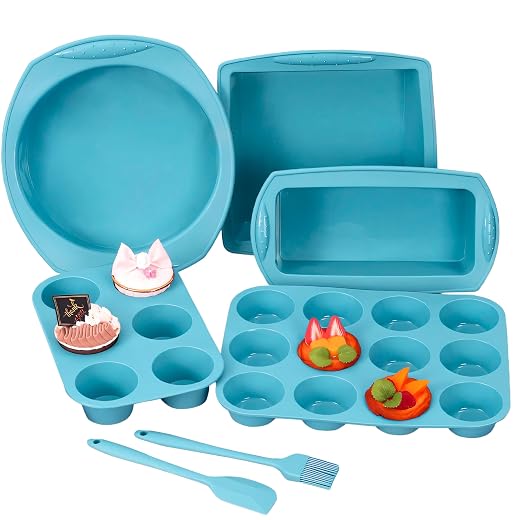 BELMAKS 7in1 Silicone Baking Set – Nonstick Silicone Baking Cookie Kit Chocolate Baking Cake Pan Cookie Tray Heat Resistant Bakeware Tools for DIY Loaf Bread Cupcake Cheesecake Pizza Muffin (Blue)