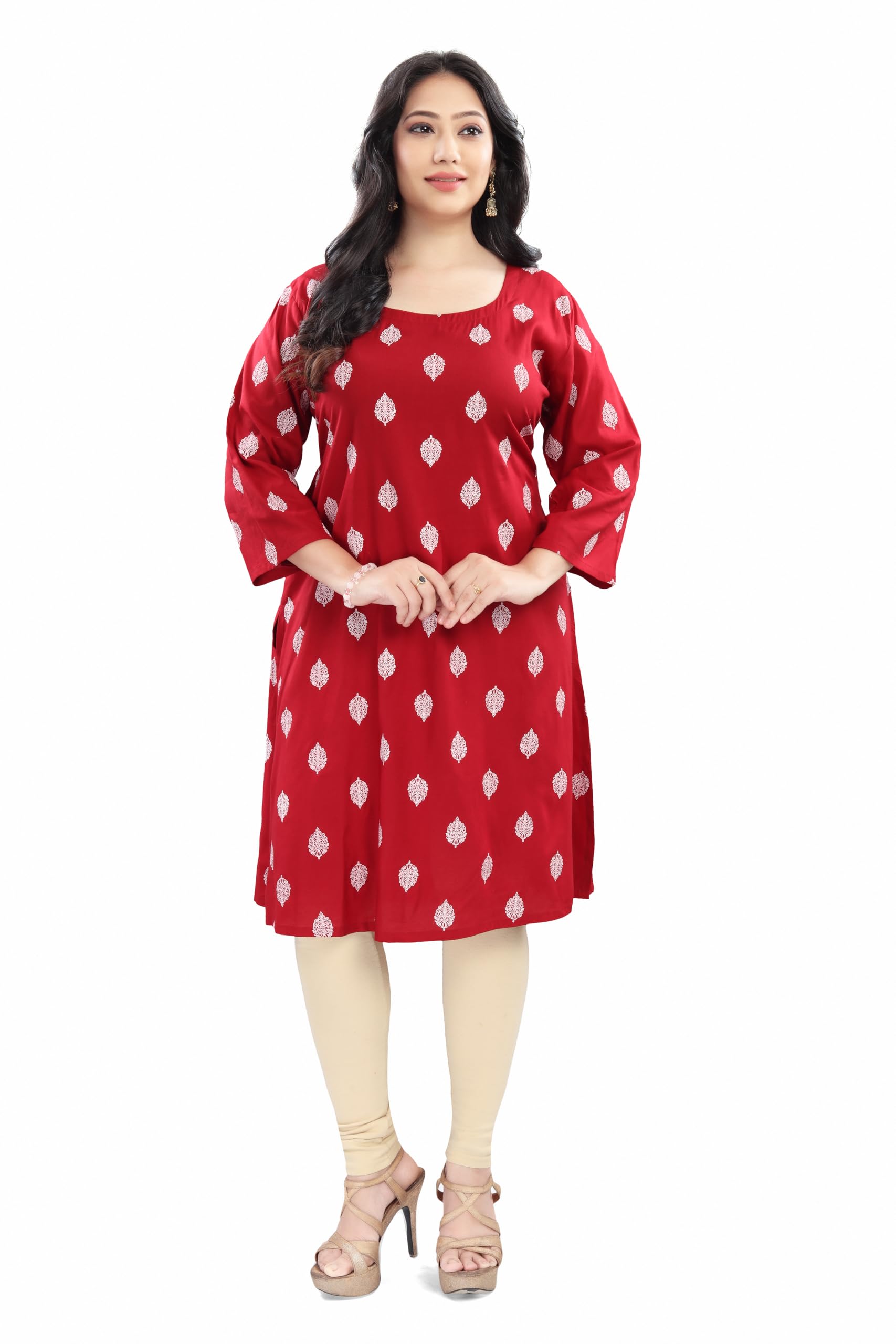 Floral Printed Rayon Kurti | Side Pocket | V-Neck | 3/4 Sleeves | Regular Fit | Casual, Office L, XL, XXL-image-49