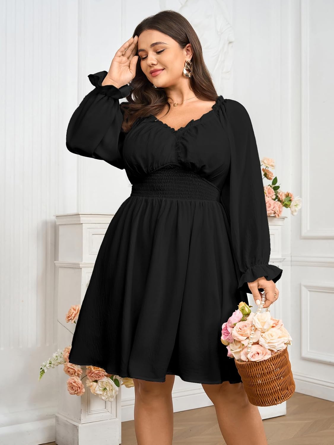 SCOMCHIC Womnes Plus Size Long Sleeve Mini Dress Smocked Elastic Waist Sweetheart V Neck A Line Dresses - Image 3