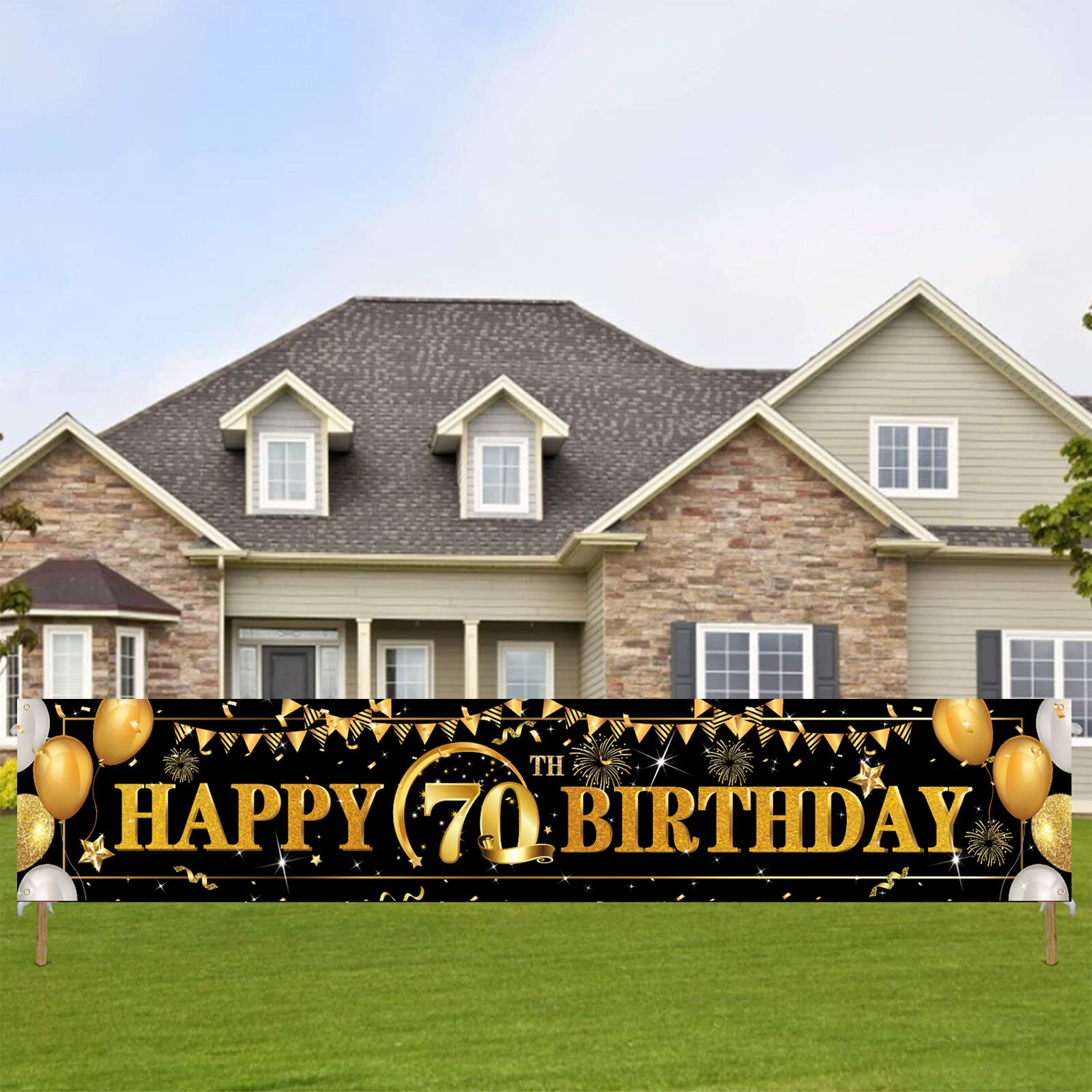 DomgogeHappy 70th Birthday Decoration Banner Large Black and Gold Happy 70 Years Birthday Banner Sign 70th Birthday Party Decorations Supplies, 15.7 inches* 82.7inches