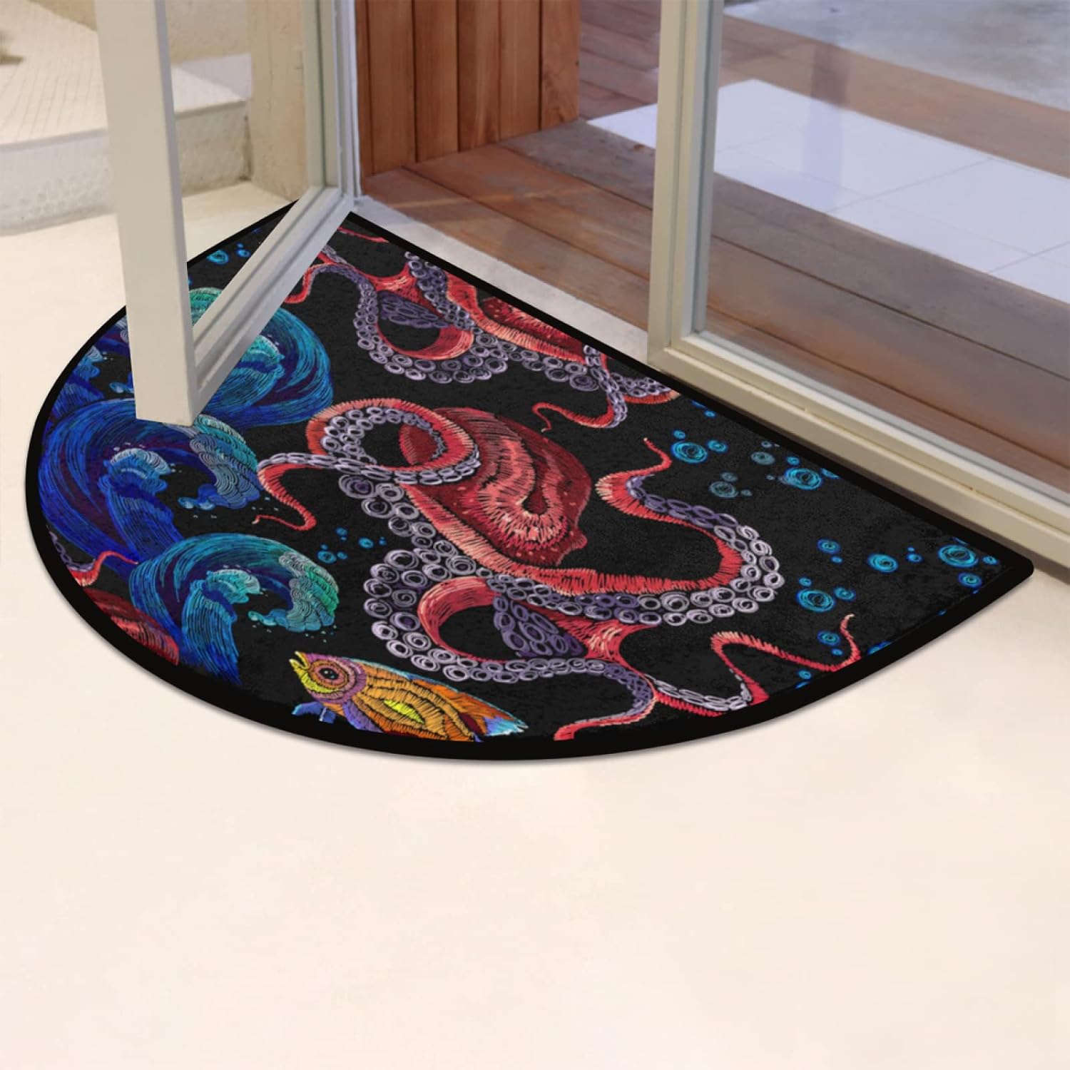 Half Round Rugs Octopus Sea Wave and Tropical Fish Semicircular Indoor Door Mat Entryway Welcome Mat Non-Slip Half Round Low Profile Door Mat for Patio High Traffic Areas