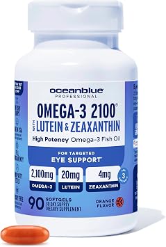Oceanblue Omega-3 2100 with Lutein & Zeaxanthin Triple Strength EPA DHA Omega 3 Supplement Fish Oil for Eye, Brain & Heart Health Orange Flavor, 90 Softgels 30 Servings