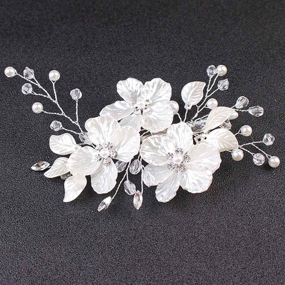 Prosy Fermaglio per capelli da sposa con fiori color argento, con perle, strass, per donne e ragazze