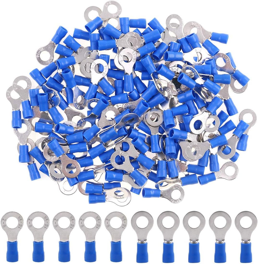 Hilitchi 100Pcs 16-14AWG Insulated Terminals Ring Electrical Wire Crimp Connectors (Blue, M6)