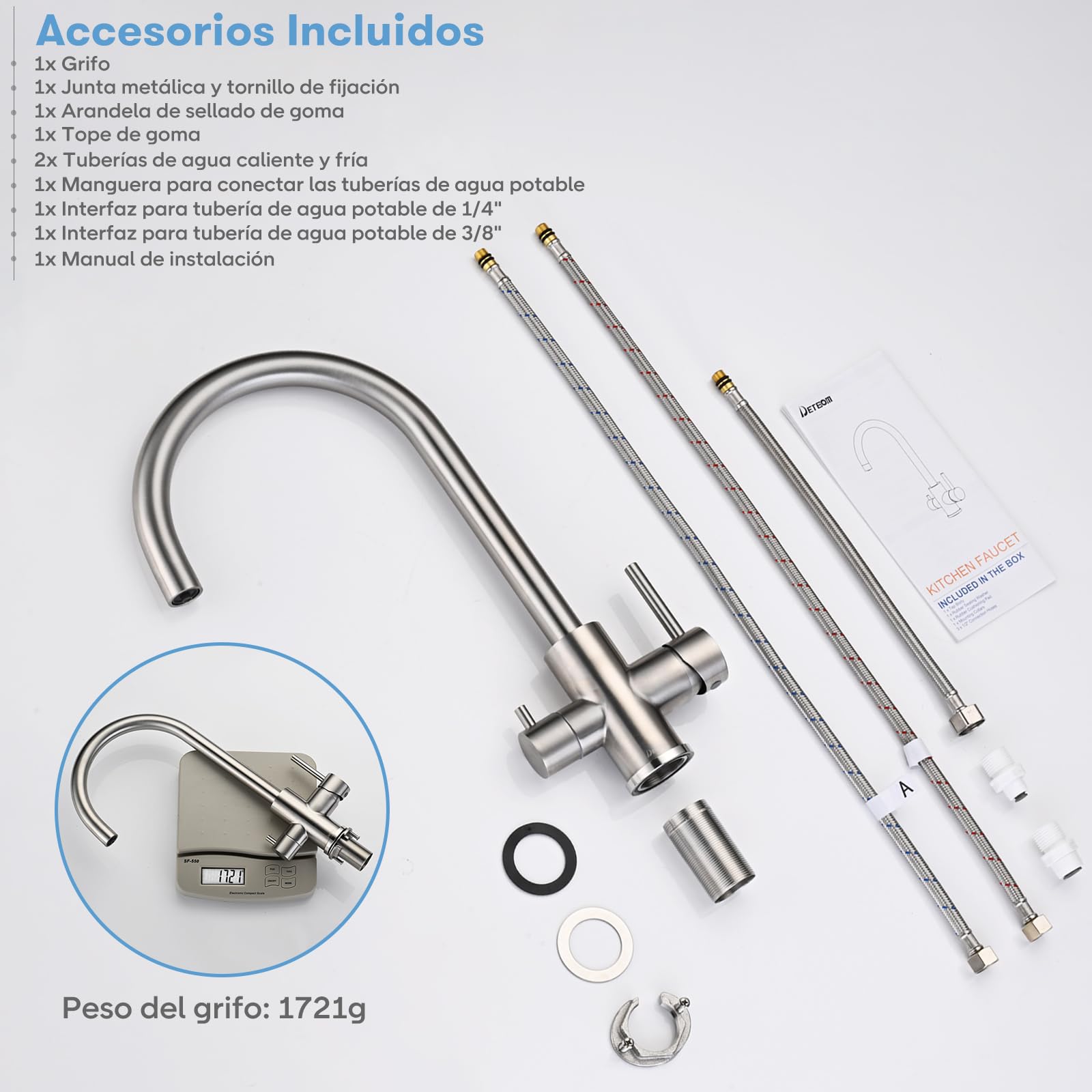 Grifo para Fregadero de Cocina de 3 Vías, DETBOM Mezclador para Sistemas de Ósmosis Inversa, 3 en 1 con Doble Palanca para Agua Potable, Grifo Giratorio a 360°, Acero Inoxidable, Plata Cepillada