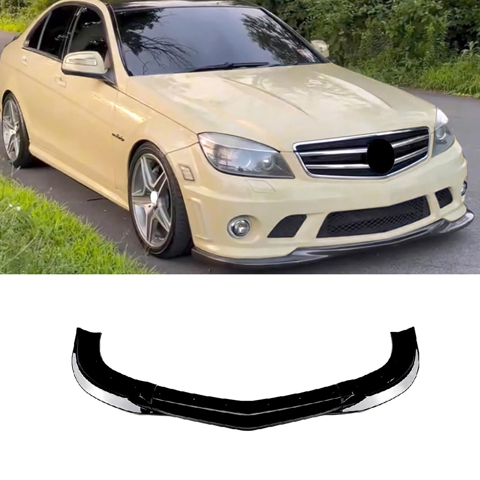 Front spoiler bumper lip compatible with Benz C-Class W204 Early C63 AMG 2007-2010, lower splitter blade body kit exterior trim accessories,Glossy Black