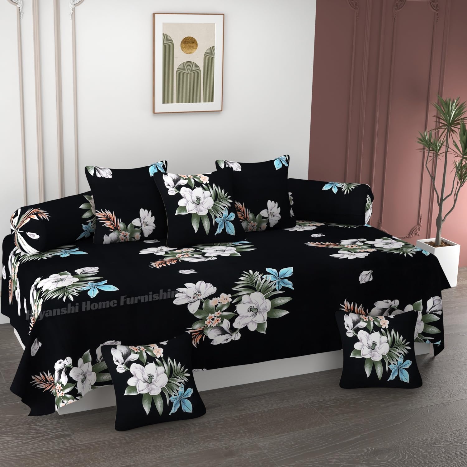 HIYANSHI HOME FURNISHING Premium Cotton Diwan Set 8 Pieces,1 Single bedsheet Size 60x90inch, 5 Cushions 16 x 16 inch Covers with Zip and 2 Bolster Covers (Black Cat, 60'' x 90'' inch)-image-44