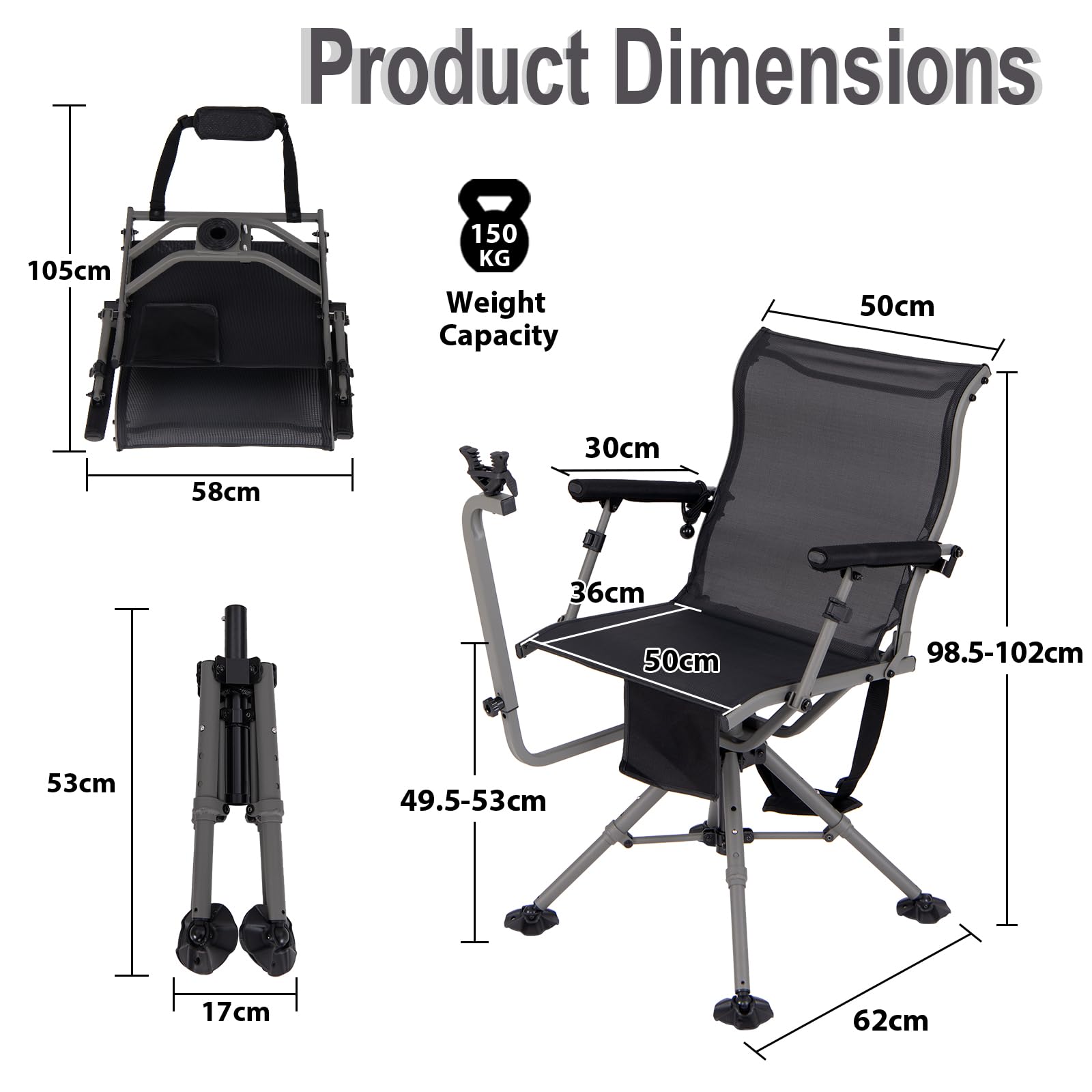 KOMFOTTEU Silla de Caza Giratoria 360°, Silla Plegable de Exterior con Soporte para Rifle Ajustable y Patas Ajustables, Asiento de Francotirador con Bolsillo de Transporte, Carga 150 kg (Modelo I)